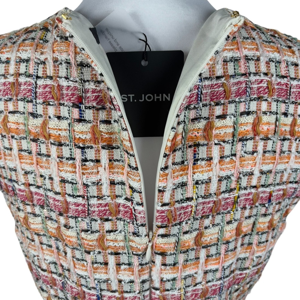 St John Raised Tweed Knit Dress Size 6 Melon Pink Plaid Sleeveless Luxury NWT - Picture 7 of 10